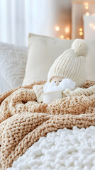 Cozy Winter Hygge Doll in Knit Hat & Blanket,  Warm Bedroom, Festive Lights.