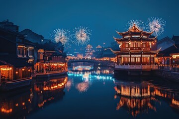 Naklejka premium Night Scene in China: Festive Waterway with Firework Display
