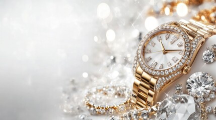 A luxurious shop banner with diamond jewelry, gold accents, and high-end watches against a sparkling white background.