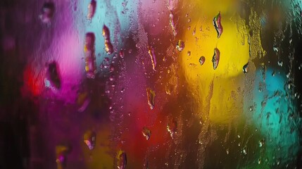 Obraz premium Rain drops on glass with colorful bokeh lights.