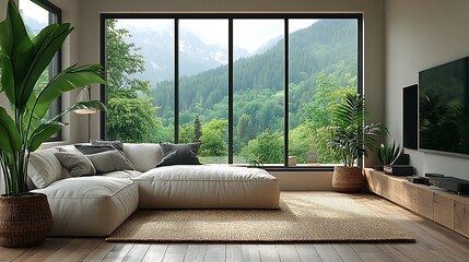 Modern living room with mountain view. Concept of relaxation, nature, and comfort.