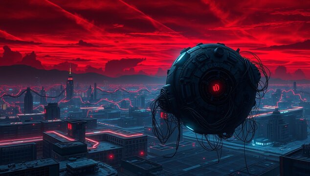 dark cyberpunk landscape with ancient satellite