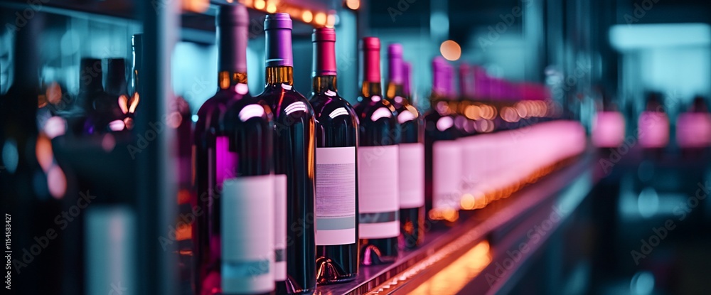 Poster a vibrant display of wine bottles illuminated with colorful lighting.