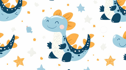 Obraz premium Cute cartoon dinosaur seamless pattern, stars, textile, kids fabric, background.