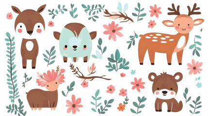 Fototapeta premium Cute Deer Floral Illustration Set for Kids' Designs.