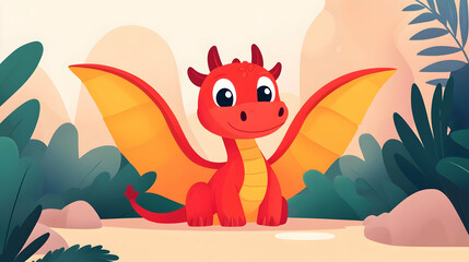 Obraz premium Cute Red Dragon Cartoon Illustration in Tropical Landscape for Children's Book.