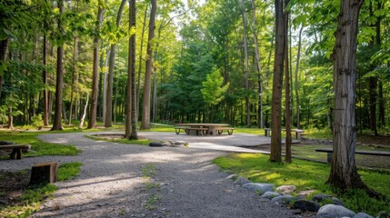 A serene park area with picnic tables surrounded by lush green trees.