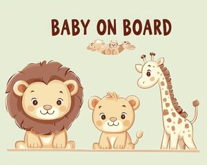 Obraz premium Adorable Baby on Board Sign with Cartoon Safari Animals