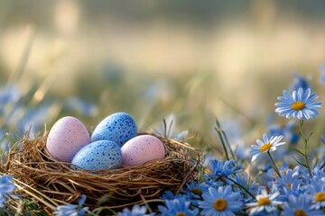 A serene Easter scene shows vibrant eggs in a woven nest with blooming blue flowers, symbolizing joy, love, and spirituality of spring festivities and community gatherings, creating lasting memories