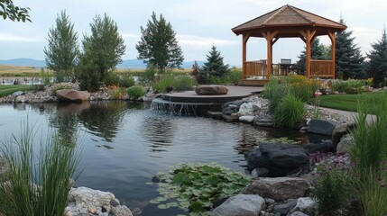 Naklejka premium A serene pond featuring a Zen-inspired rock garden and a wooden gazebo overlooking the water.