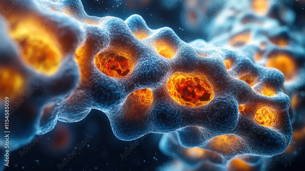 Poster microscopic view of a cellular structure with glowing orange centers.