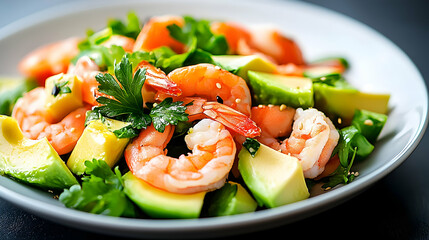 Delicious shrimp avocado salad on a plate, close-up shot, dark background, healthy food recipe.