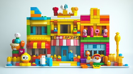 A toy shop banner with playful building blocks and plush toys neatly arranged on a white setting.