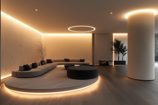 Streamlined Recessed Lighting Array, with discreet circular LED panels emitting a cool white glow that complements a minimalist interior design.