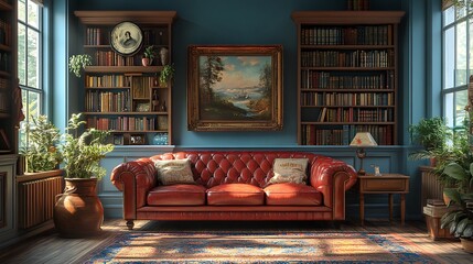 Cozy antique library living room. Concept of comfort, knowledge, and relaxation.