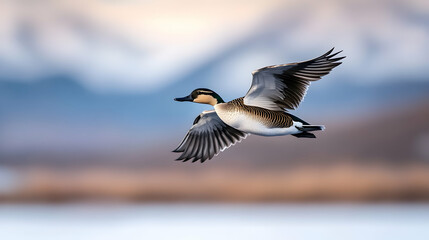Duck in flight over snowy landscape, wings spread, winter mountains background, nature poster.