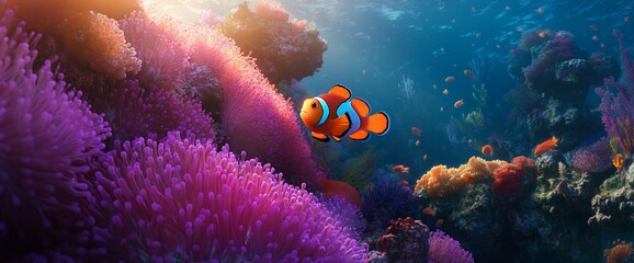 Fototapeta premium A vibrant underwater scene featuring a clownfish among colorful coral.