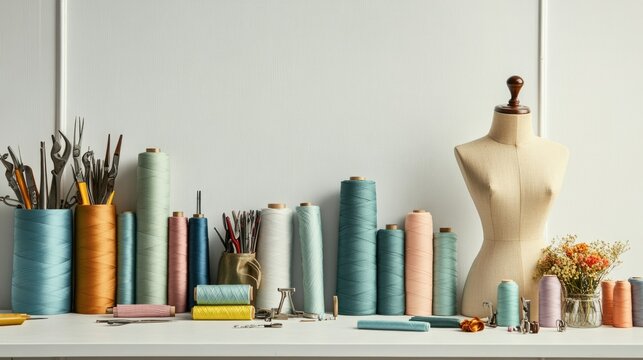 A works banner with sewing tools, fabric rolls, and a tailor mannequin on a neat white setup.
