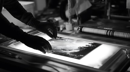 Darkroom worker carefully aligning a photographic print on a lightbox.