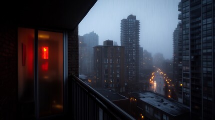 Rainy Cityscape Viewed from a Balcony at Night