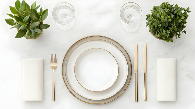 Elegant Table Setting Minimalist Place Setting with Plants, Marble Background, for Restaurant Menu Design.