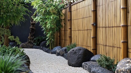 Bamboo fence surrounded by fine gravel and small ornamental rocks, emphasizing a zen-inspired aesthetic.