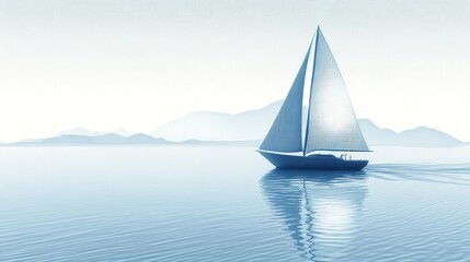 Fototapeta premium A serene sailboat glides across calm waters with distant mountains in the background.
