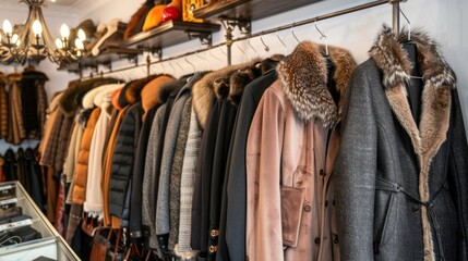 Luxury fur coats and jackets hanging in a boutique.