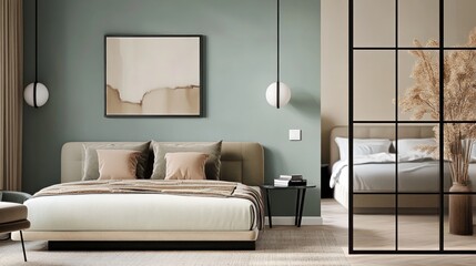 Modern bedroom interior with glass partition, neutral tones, and minimalist decor.