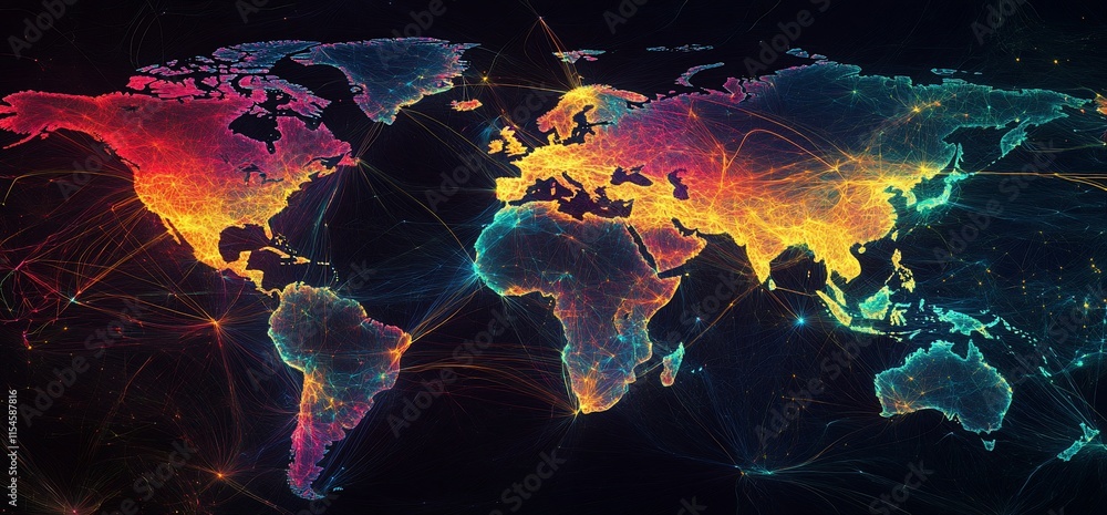 Poster a vibrant, digital representation of the world map with interconnected data points.
