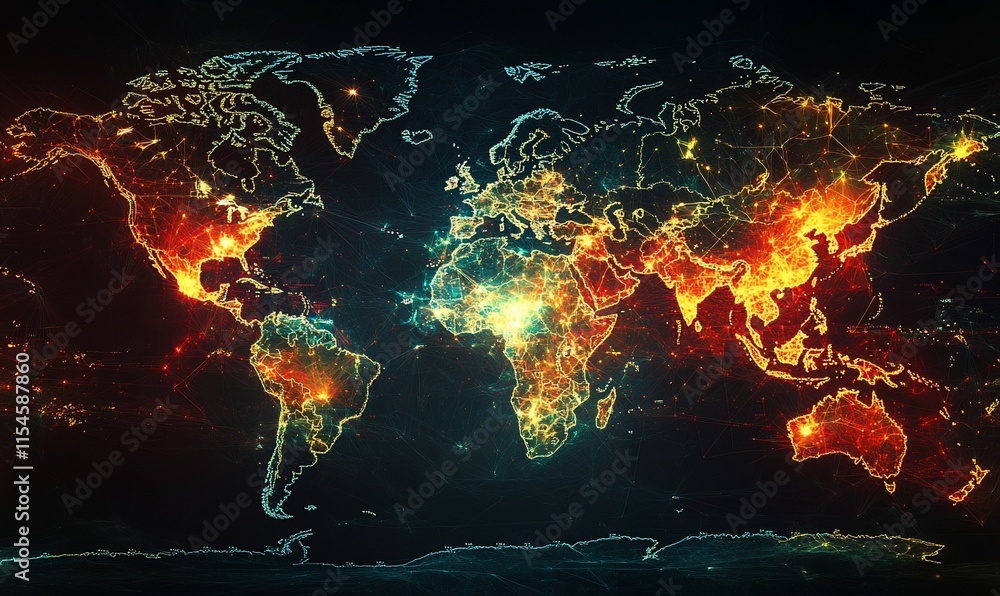 Poster a vibrant, illuminated map of the world showcasing data connectivity and networks.