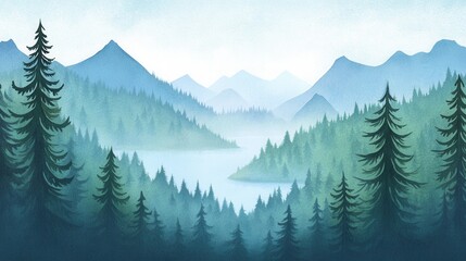 Serene Misty Mountains and Evergreen Forest Landscape Artwork