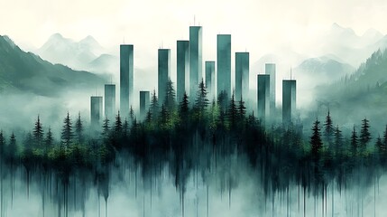 Fototapeta premium Cityscape Emerging From A Misty Forest Landscape