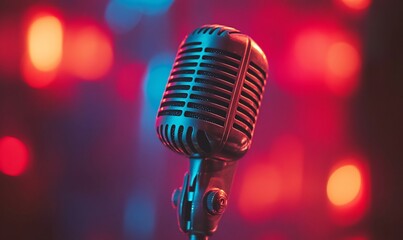 A vintage microphone stands against a colorful, blurred background.