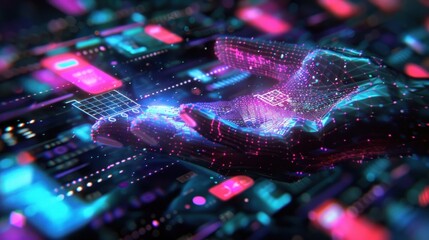 Abstract digital hand interacting with futuristic technology.
