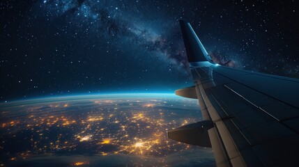 Airplane wing view of Earth at night with Milky Way.