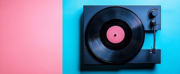 A vinyl record player on a colorful background, showcasing music and leisure.