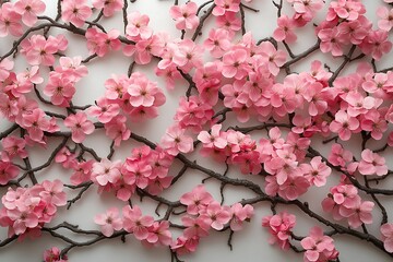 Pink Cherry Blossoms Arranged on Branches Against White Background