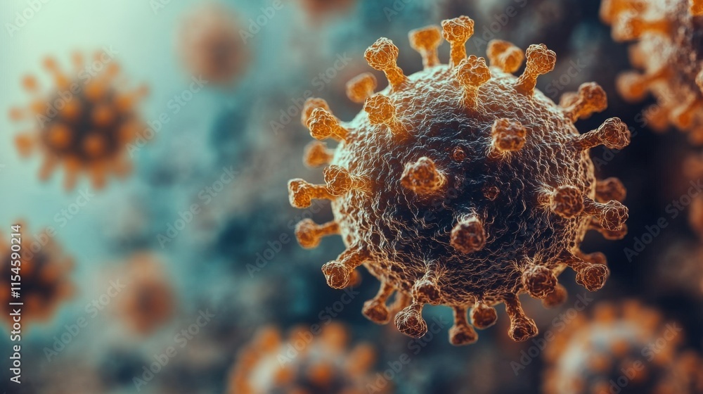 Poster microscopic view of a virus, showing its intricate structure and surface proteins.