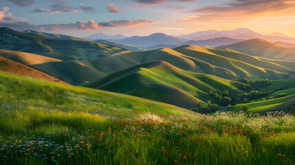 Obraz premium Scenic Hills at Sunset: A Captivating Display of Depth and Dimension in Nature's Landscape