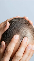 Fototapeta premium Gentle hands cradling newborn's head, studio shot, gray background, baby product advertising.