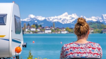 Fototapeta premium Serene Lakeside View with Woman Relaxing Near Camper and Snowy Mountains