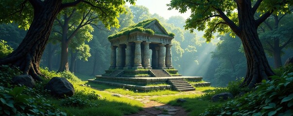 A forest clearing with an ancient stone temple in the center, temple, ancient, forest clearing