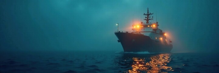 Fototapeta premium A spotlight shines on the vessel's deck as it navigates through the dense fog, beam, light