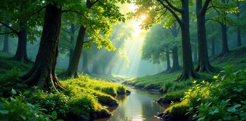 Obraz premium A tranquil forest glade with towering trees and a babbling brook, countryside, calm, tree
