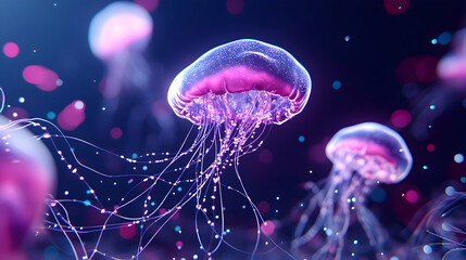 Glowing Pink Jellyfish Swim in Deep Ocean, Abstract Background, Digital Art.
