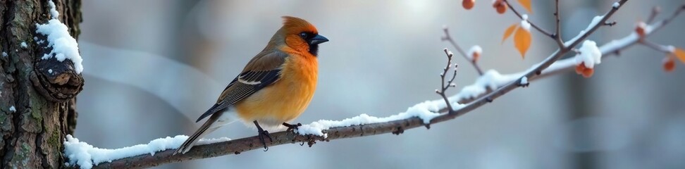 Fototapeta premium Bohemian waxwing perched on a branch with snow-covered tree bark, winter woodland, snowy bohemian waxwing