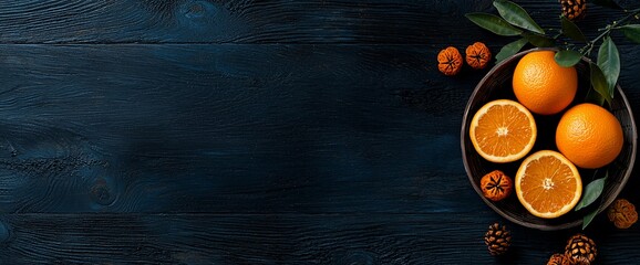Juicy oranges on dark wood background with copy space.