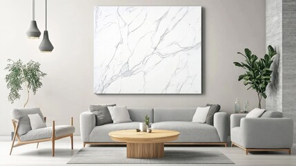 Modern living room with gray sofa, marble art, and plants.