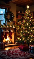 Cozy winter evening with fireplace, Christmas tree, and stockings hung above, warm lighting, festive decor, holly